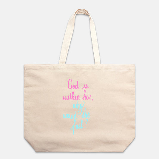 God is Within Her Why Would She Fail Oversized Christian Canvas Tote Bag (Psalms 46:5)